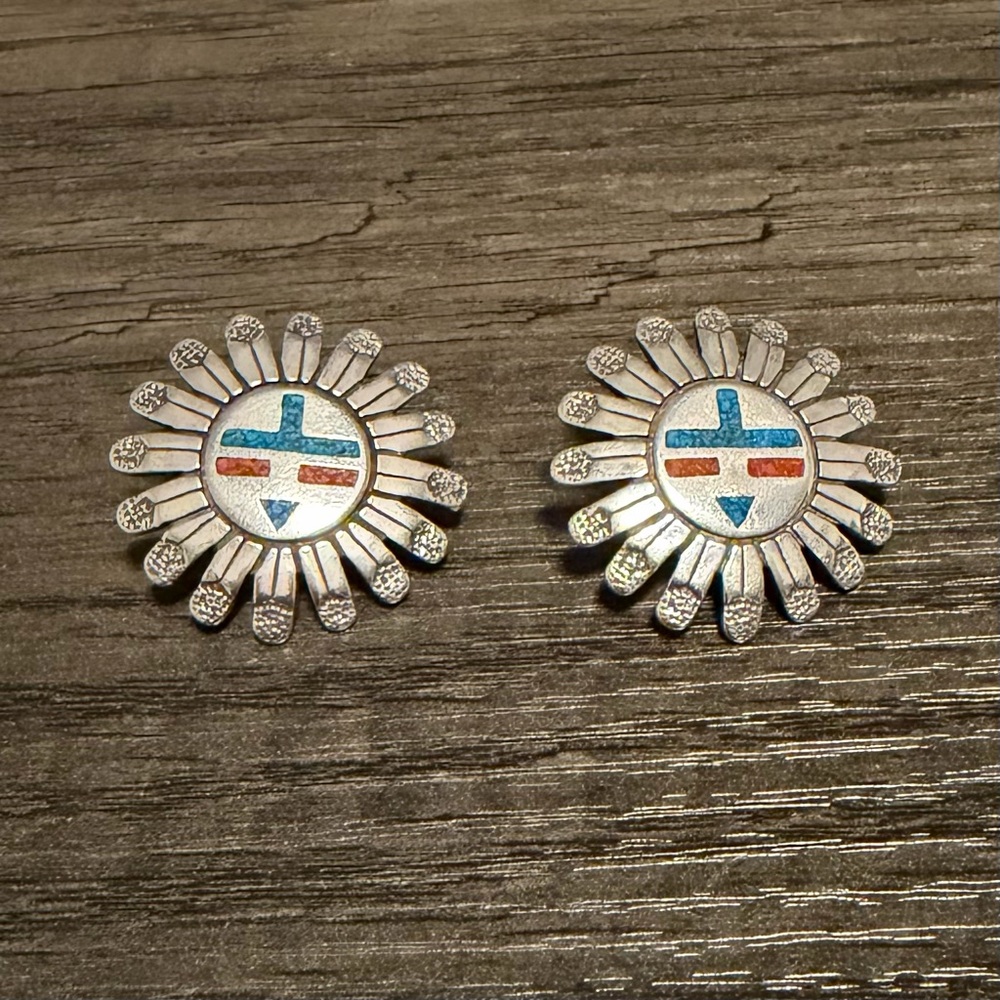 Vtg Native American Sterling Turquoise Coral Chip Signed Kachina Sun Earrings